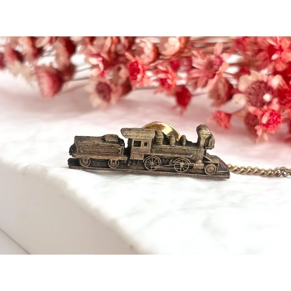 Locomotive Train Brass Toned Vintage Men's Tie Tack
